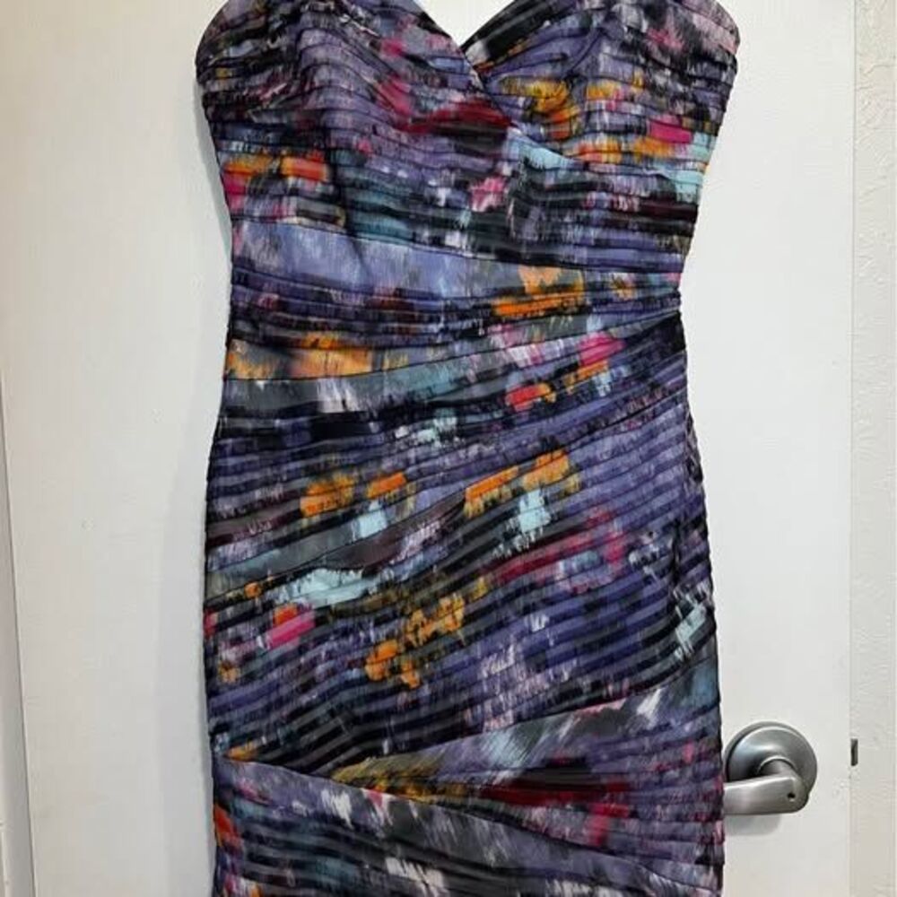 BCBGMAXAZRIA Strapless Ruched Abstract Print Mini Dress